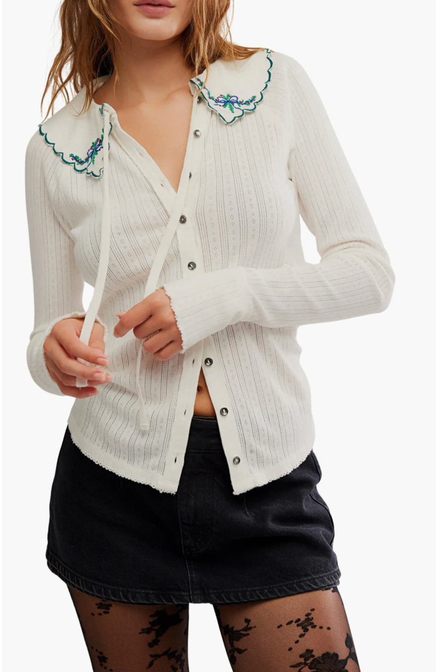 FREE PEOPLE Juniper Embroidered Pointelle Cotton Button-Up Top M NWT